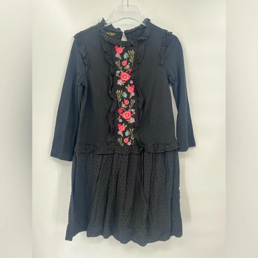 Kate Spade Black Floral Broome Street Embroidered Ruffle Mixed‎ Media Mini Dress